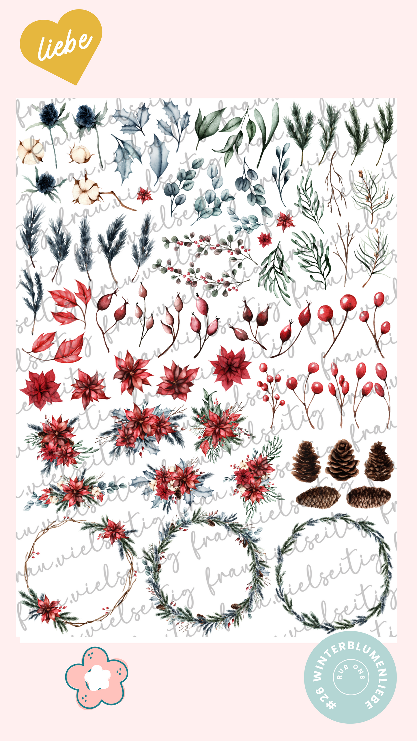 #26 WINTERBLUMENLIEBE RubOns - Rub-Ons - A4 Bogen Winter - Weihnachten